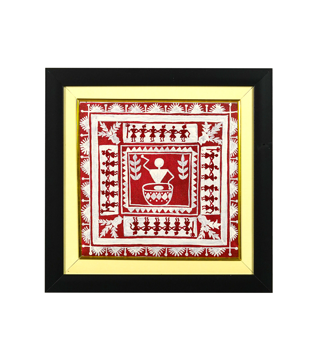 Authentic Warli Folk Painting in Frame – Red Canvas Tribal Art