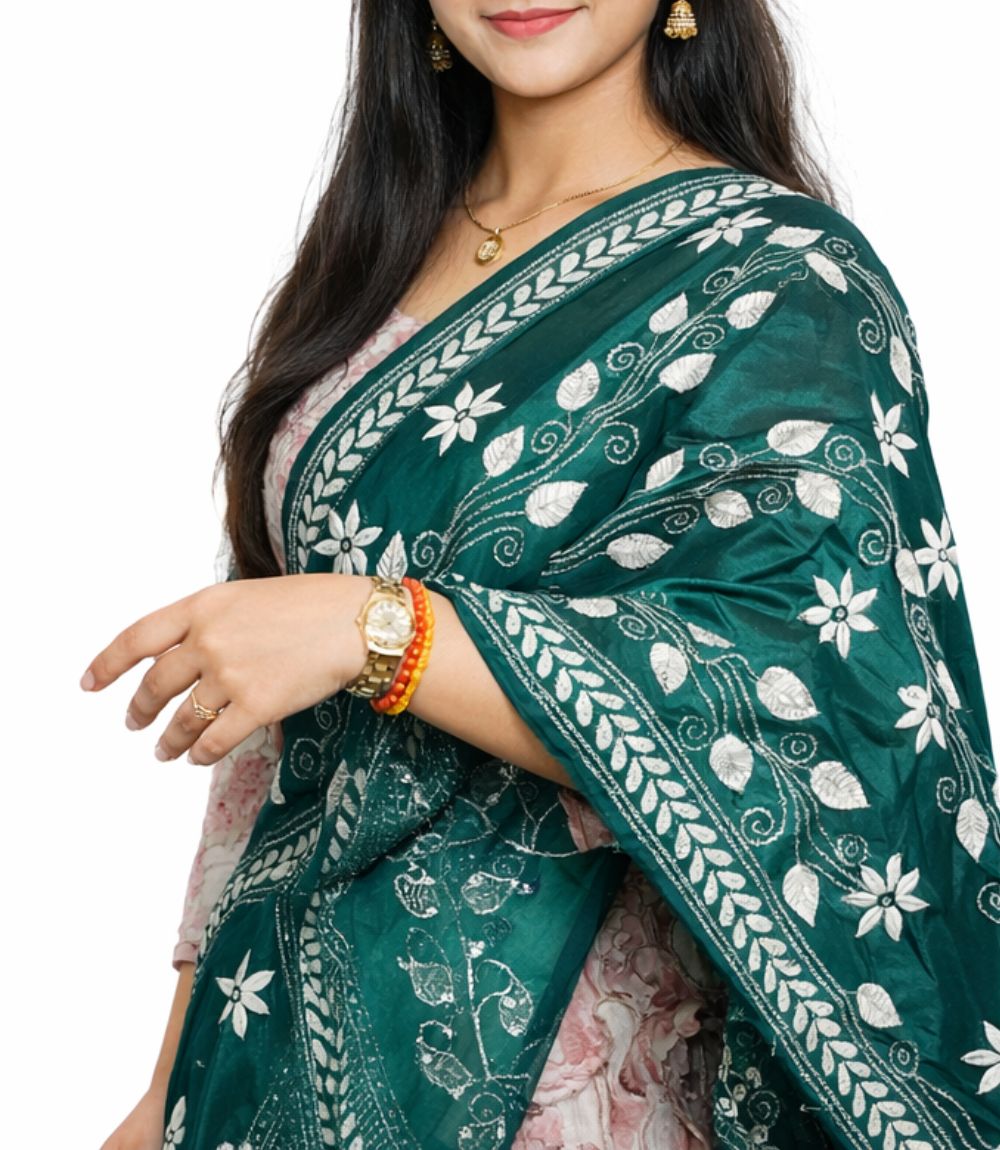 Floral Kantha Stitch Green Stole