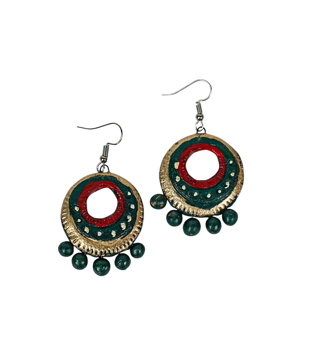 Handcrafted Green Mandala Terracotta Earrings
