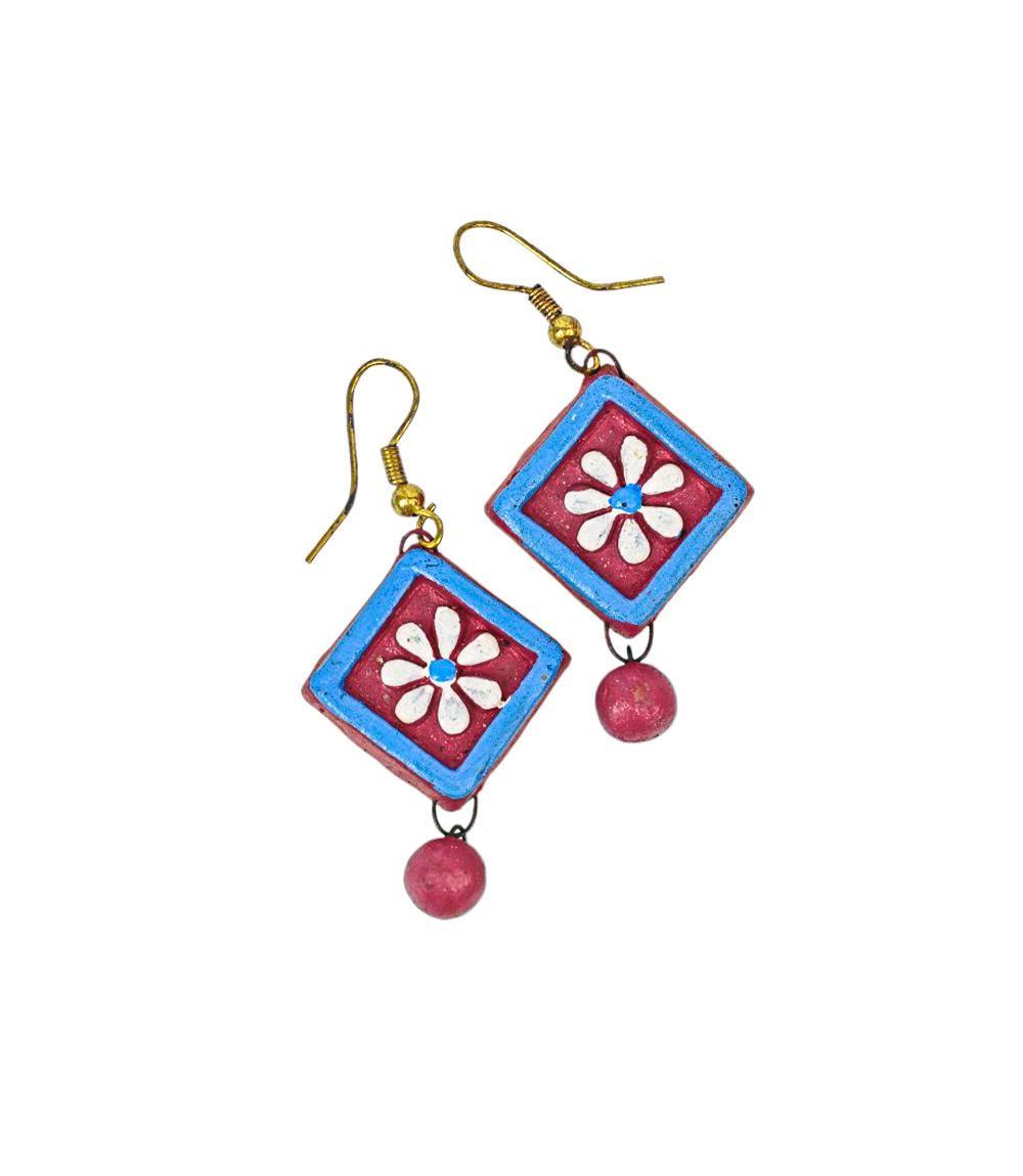 Handcrafted Blue Floral Terracotta Drop Earrings