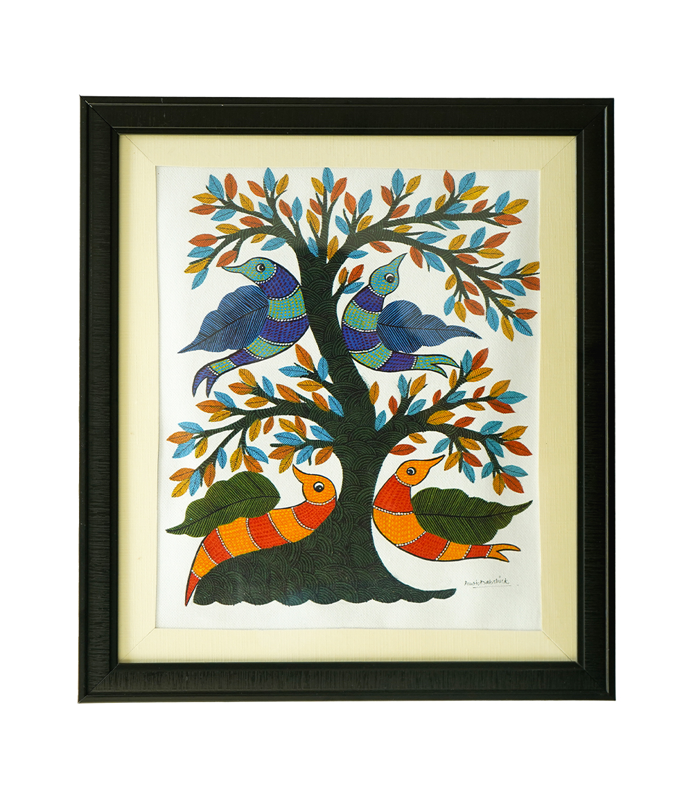 Colorful Birds on the Tree – Gond Art Wall Decor