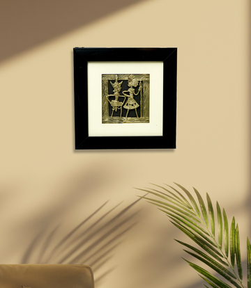 Handmade Tribal Dokra Art Frame | Drummer & Woman Holding a Spear
