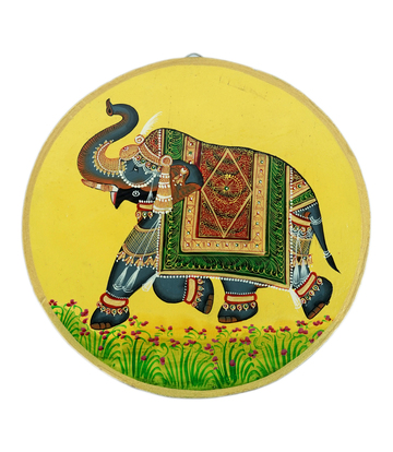 Majestic Elephant Pichwai Art on Wooden Plate – Traditional Rajasthani Craft (10")