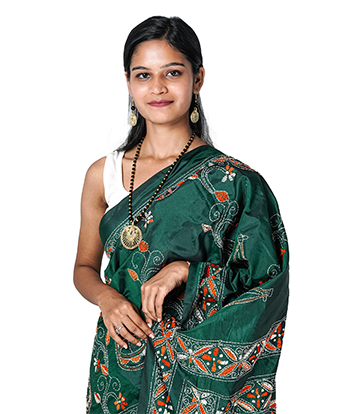 Handstitched Green Saree with Multi-Colour Kantha Stich By Tribes Of West Bengal