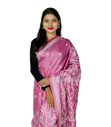 Hand-Stitched Pink Saree with Embroidery – Kantha Stitch By Tribes Of West Bengal