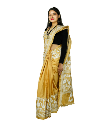 Hand-Stitched Golden colour with white embroidery-  Kantha Stitch By Tribes Of West Bengal 