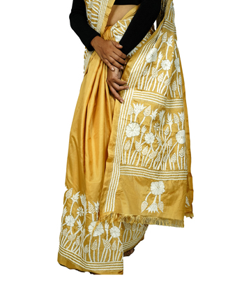 Hand-Stitched Golden colour with white embroidery-  Kantha Stitch By Tribes Of West Bengal 