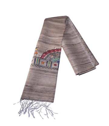 Hand-Painted Tassar Silk Stole Made By Tribes Of Jharkhand Natural Colour