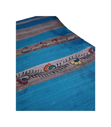 Hand Painted Tassar Silk Stole Made By Tribes Of Jharkhand - Light blue colour