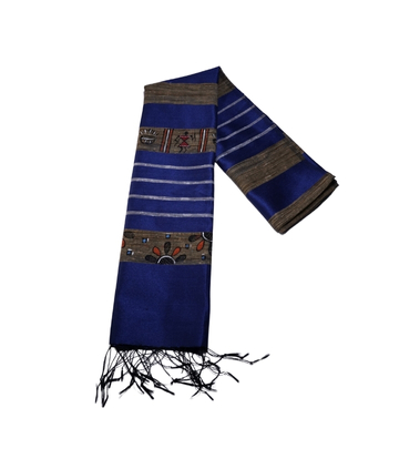 Hand Painted Tassar Silk Stole Made By Tribes Of Jharkhand - Navy Blue