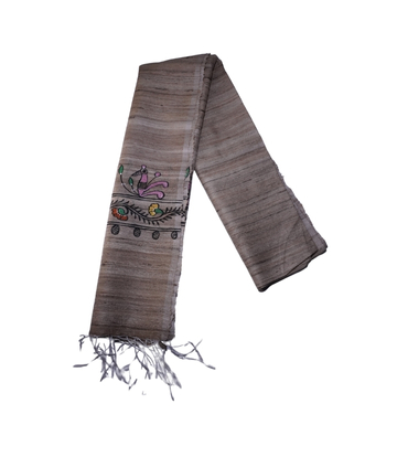 Hand Painted Tassar Silk Stole Made By Tribes Of Jharkhand - Natural Colour
