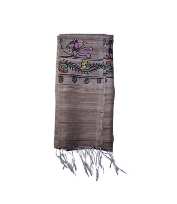 Hand Painted Tassar Silk Stole Made By Tribes Of Jharkhand - Natural Colour