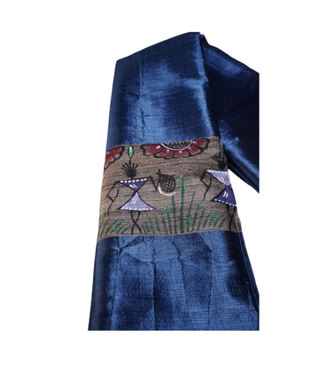 Hand-Painted Tassar Silk Stole – Made by Tribes of Jharkhand - Navy Blue