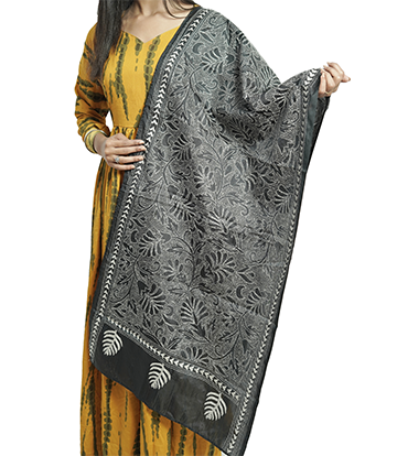 Handstitched Kantha Stole by Tribes of West-Bengal (Black with white embroidery)