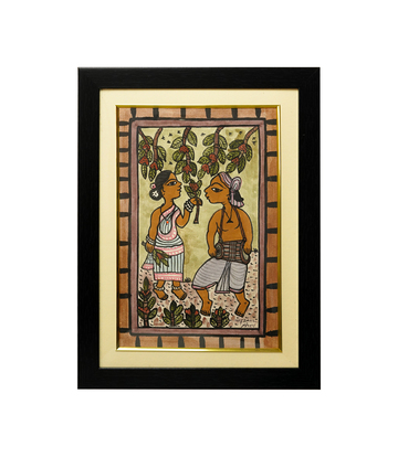 Handpainted Paitkar Painting of Tribal Couple dancing in garden