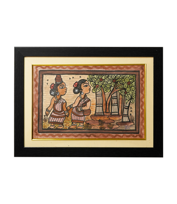 Handpainted Paitkar Painting (Red Border Sari) of Jharkhand Tribes