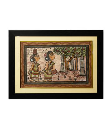 Handpainted Paitkar Painting of Tribal women with Floral Ornaments