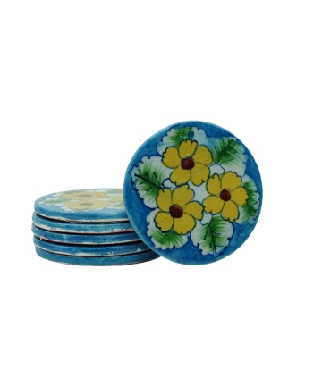 Blue Pottery yellow flowers and green leaves Coaster (6 piece)