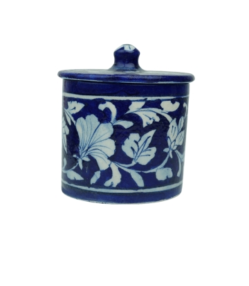 Blue Pottery Container with Lid Made by Tribes of Rajasthan 