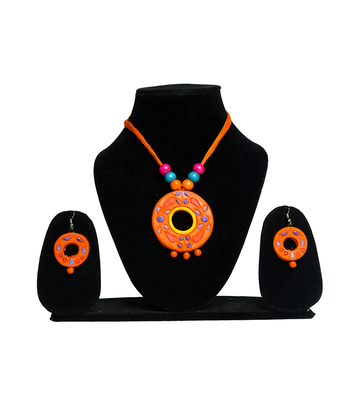 Handcrafted Orange Terracotta Necklace Set with Colorful Pearl Beads