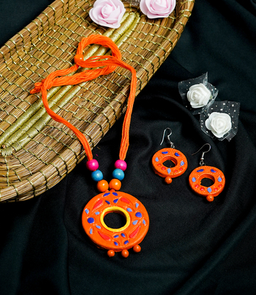Handcrafted Orange Terracotta Necklace Set with Colorful Pearl Beads