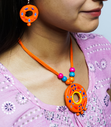 Handcrafted Orange Terracotta Necklace Set with Colorful Pearl Beads