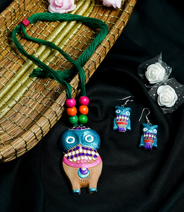 Colorful Owl Terracotta Necklace & Earring Set