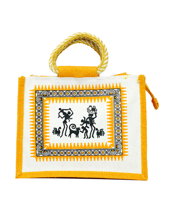 Warli Sunshine Jute Bag- Yellow