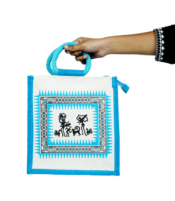 Warli Sunshine Jute Bag- Blue