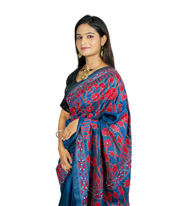 Handcrafted Blue & red Kantha stitch Saree