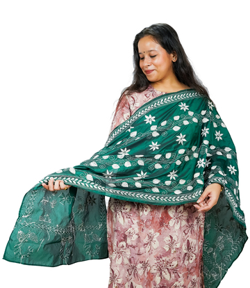 Floral Kantha Stitch Green Stole