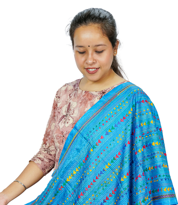 Blue Kantha Stole with Multicolor Embroidery